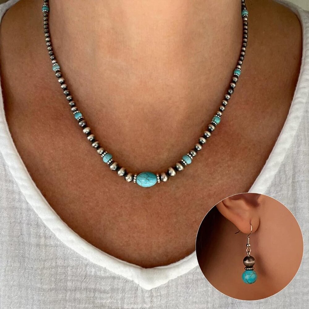 Turquoise Pearl Necklace & Earring Set Western Boho - Picture 2 of 8